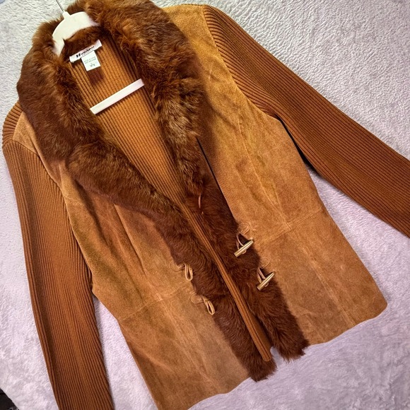 Nygard Jackets & Blazers - Nygard Women Jacket L Brown Suede Rabbit Fur Trim Ribbed Knit Toggle Closure